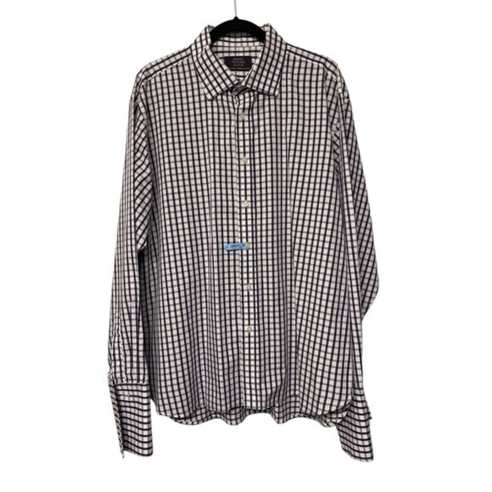 Men's Savoy Taylors Guild Purple White Checkers Plaid The Strand L/S Shirt SZ 18
